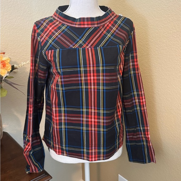 J Crew K6796 Stewart Plaid Jeweled Funnelneck Top Blouse Holiday Sz 00 - Picture 3 of 5